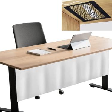 Imagem de Icegrey Painel de privacidade sob a mesa de 180 cm com organizador de cabos, painel de modéstia autoadesivo para bolsos organizadores de cabos e saia de mesa para escritório em casa ou estação de