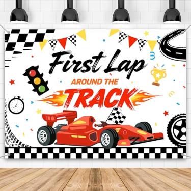 Imagem de KEWUFD Primeira volta ao redor da pista pano de fundo carro de corrida 1,8 x 1,8 m, decorações de 1º aniversário, adereços de cabine de fotos, decoração de feliz aniversário para meninos