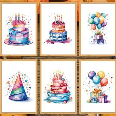 Imagem de 12 cartões de bolo de aniversário em aquarela com envelopes (feitos de papel reciclado) para aniversários, agradecimentos e ocasiões especiais