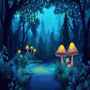 Imagem de Quadro Decorativo Floresta Encantada com Cogumelos Brilhantes e Céu Estrelado para Decoração de Parede 40x40cm