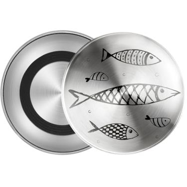 Imagem de 2 tigelas de aço inoxidável para gatos – Prato de comida rasa para gatos com base antiderrapante – Tigelas de alimentação fáceis de limpar para gatos internos, comida úmida (padrões, peixes