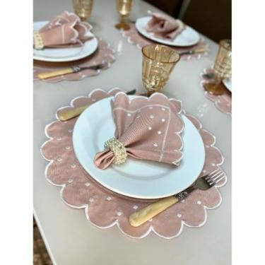 Imagem de Conjunto de 12 jogos americanos estilo americano Jogos americanos para uma mesa de jantar para 6 pessoas Arranjo de mesa Guardanapos redondos Mesa de jantar(Rose Bolinhas Brancas)