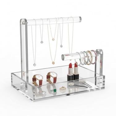Imagem de Organizador de joias de acrílico, suporte de pulseira de 2 camadas e suporte de exibição de colar com bandejas removíveis, organizadores de joias e caixa de armazenamento para brincos, anéis, relógios