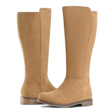 Imagem de Shoe'N Tale Botas femininas de cano alto na altura do joelho com salto baixo, bico redondo elástico com zíper lateral, moda outono e inverno confortável, Marrom, 6.5 UK
