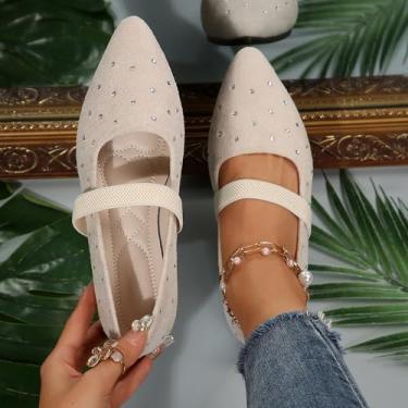 Imagem de Sapatilhas femininas Mary Jane de bico fino, strass casual, sapatilha de balé com tira no tornozelo, confortável, de camurça, para trabalho, escritório, Bege, 40