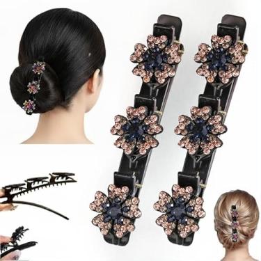 Imagem de 2 peças de grampos de cabelo femininos trançados azuis acinzentados, clipes curtos de bico de pato, trançados para mulheres e meninas, clipes de pedra de cristal