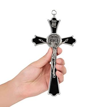 Imagem de VINETEN Cruz de parede de crucifixo esmaltado preto - arte de parede de metal de São Bento - cruz dá bênção e o espiritual sagrado - presente de rucifixo para vovó, presente de batismo para meninos