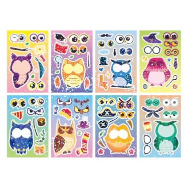 Imagem de 8 peças de adesivos de coruja fofa Make A Face, adesivos para lembrancinhas de festa, arte, artesanato, jogos, prêmios de atividade escolar, adesivos à prova d'água para meninas, meninos, crianças