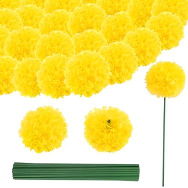 Imagem de 60 cabeças de flores de calêndula Diwali com hastes, flores artificiais de calêndula para o dia dos mortos, flores artificiais amarelas para decoração de casa, casamento indiano, guirlanda de