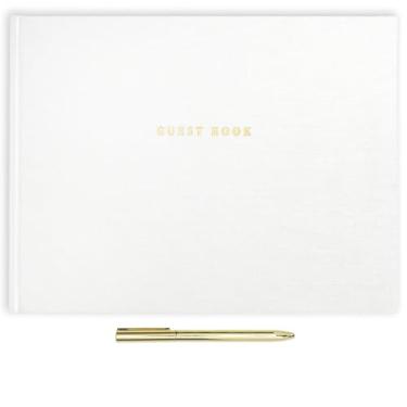 Imagem de ELYN Livro de visitas de linho, livro para recepção de casamento, aniversário, chá de bebê e eventos, caneta de gel dourada combinando, bolsos para fotos e placa de mesa, 80 páginas (em branco e
