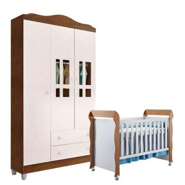 Imagem de Berço Americano Mirelle E Guarda Roupa Ariel 3 Portas Branco Acetinado Amadeirado - Carolina