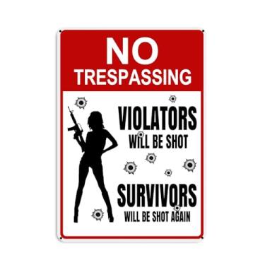 Imagem de Placa sem invasão – Placa feminina sexy com arma, placa de alumínio de 20 x 30 cm, decoração de parede vintage retrô engraçada para quintal, cerca, casa, caverna masculina