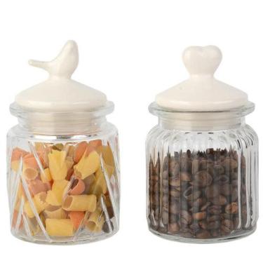 Imagem de Conjunto 2 Potes Vidro Tampa Cerâmica Pássaro Coração 300Ml - Class Ho
