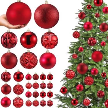 Imagem de Soulchen Conjunto de 46 bolas de Natal vermelhas para pendurar em árvore de Natal à prova de estilhaçamento, com 6 estilos em 4 tamanhos, ornamentos de plástico para decoração de festa de guirlanda de