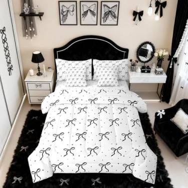 Imagem de Erosebridal Conjunto de edredom casal de laço preto e branco com lençóis, cama de laço de desenho animado em uma bolsa, conjunto de cama de princesa sonhadora de 7 peças, conjunto de edredom de