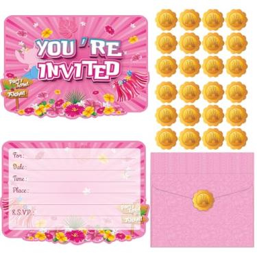 Imagem de 20 peças de cartões de convite de aniversário rosa Stich, cartões de convite de festa de desenho animado rosa para meninas, cartão de felicitações Stich com árvore, flor, convites de festa de