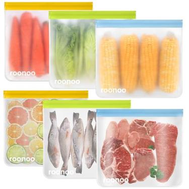Imagem de roonoo Pacote com 6 sacos reutilizáveis de armazenamento de alimentos, sacos de armazenamento de alimentos, silicone extra grosso à prova de vazamento e sacos ziplock sem plástico para preparação de