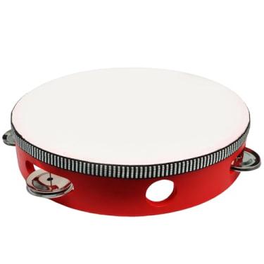 Imagem de Moicstiy Pandeiro redondo de madeira de 20 cm, pandeiro vermelho de fileira única com jingles de metal, instrumento musical de percussão portátil para KTV, festa, brinquedo educativo da igreja (1 peça