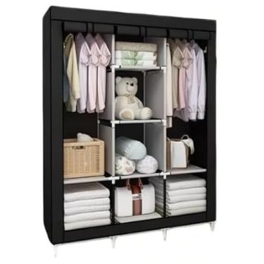 Imagem de Grande Arara Guarda Roupa Dobrável Com Capa Tecido 4 Divisorias Roupeiro Organizador Roupas Armário para Quartos, Casas Pequenas e Viagens(PRETO,CASAL)