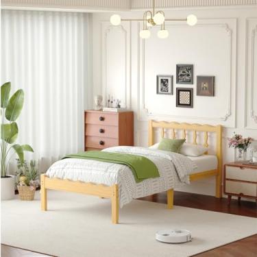 Imagem de Bednowitz Moldura de cama de solteiro de bambu com cabeceira, estrutura de cama de plataforma de madeira maciça de 35,5 cm, tamanho solteiro com ripas de metal, sem necessidade de mola box, fácil