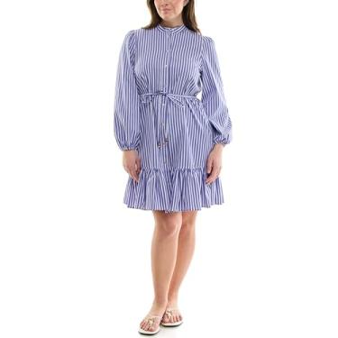 Imagem de Nicole Miller Vestido feminino de manga comprida sem gola com laço próprio, Azul/branco, 40