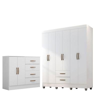 Imagem de Kit Guarda-roupa Casal 6 Portas Com Cômoda Sapateira 4 Gavetas Lisa Branco