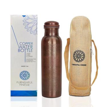 Imagem de FURNISHFUL FINESSE Garrafa de cobre antigo de 1000 ml Garrafas de água de cobre puro com bolsa de transporte de lona para esportes, academia, ioga, caminhadas, vaso ayurvédico antigo feito à mão 1