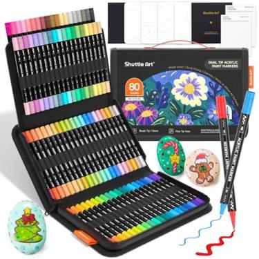 Imagem de Shuttle Art Marcadores de tinta acrílica de ponta dupla de 80 cores, ponta de pincel e canetas de tinta acrílica de ponta fina para pintura rupestre, cerâmica, madeira, tela, plástico, vidro, pedra
