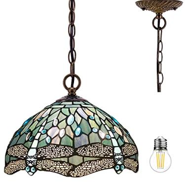 Imagem de Tiffany pendente de iluminação para luminária de ilha de cozinha 30,48 cm azul marinho vitral libélula fazenda boho rústico lustre industrial lustre de LED WERFACTORY bar corredor sala de jantar