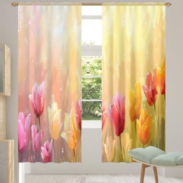 Imagem de 2 conjuntos de painéis, pintura de tulipas de flores, cortinas transparentes coloridas, cortinas transparentes e arejadas, com filtro leve, painéis de cortina de porta e janela para sala de estar