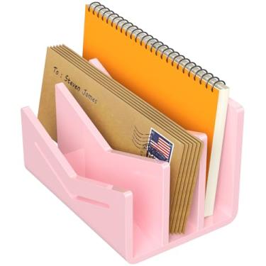 Imagem de Beego Bancada organizadora de envelopes e correios - 3 compartimentos organizador de mesa de acrílico rosa porta-cartas, classificador de arquivos de mesa, suporte de pasta de documentos para