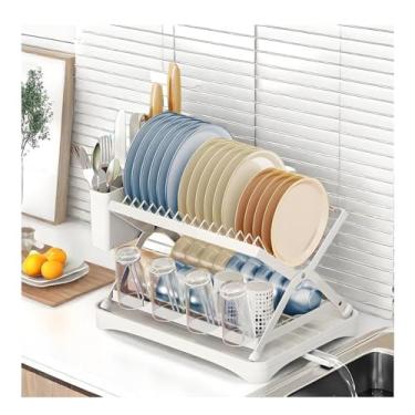 Imagem de HGTRH Escorredor de pratos de cozinha de 2 camadas, escorredor de pratos dobrável com ferro, suporte de utensílios de drenagem e suporte de copo para balcão de cozinha branco