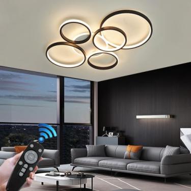 Imagem de Luminária de teto LED moderna para sala de estar, com 6 anéis, preta, redonda, em metal, para quarto, com temperatura de cor de 3000K a 6500K, controle remoto e dimerização, ideal para resta