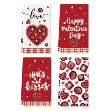 Imagem de Artoid Mode Toalhas de prato de chocolate de morango, coração, coração, dia dos namorados, 46 x 66 cm, decoração de aniversário de casamento, conjunto de 4