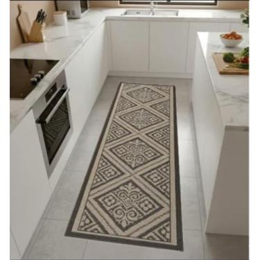 Imagem de Tapete Passadeira Istambul, Design Geométrico, Branco e Bege, Atoalhado Macio e Durável, 153 x 53 cm, Linha Luxo (Cinza Escuro)