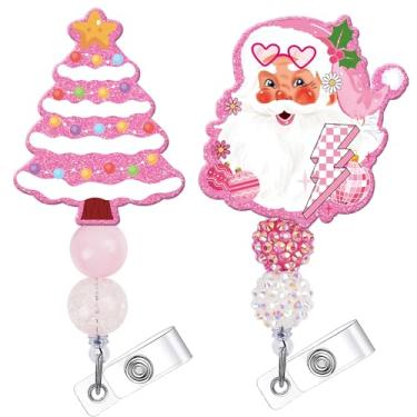 Imagem de Carretel de crachá de Natal, 2 peças rosa de Papai Noel e árvore de Natal retrátil, lindo clipe de crachá de Natal, acessórios de trabalho para enfermeiras, professores, colegas de trabalho