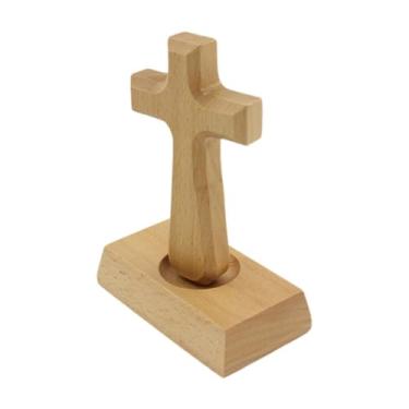 Imagem de harayaa Estátua de cruz de madeira em pé, versátil, com base, para decoração de oração, escultura ornamental em madeira para sala de estar.