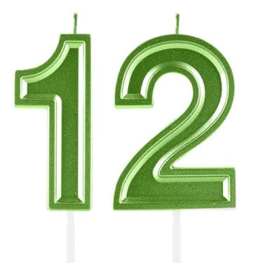 Imagem de Velas de aniversário de 12 anos, numerais verdes, decoração de topo de bolo, meninas, meninos, tema de aniversário, festa de casamento, aniversário de casamento, suprimentos para celebração