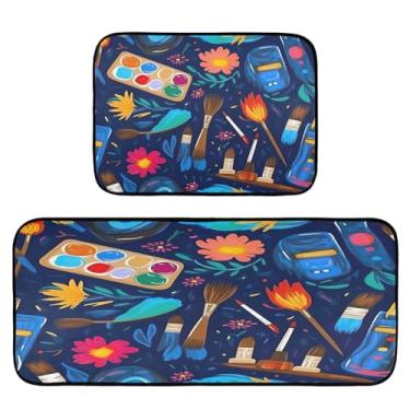 Imagem de Wassud Pincéis coloridos tapetes de cozinha para decoração de casa tapetes de cozinha acolchoados antifadiga tapetes de cozinha antiderrapante lavável essencial de cozinha conjunto de 2