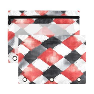 Imagem de Wassud Bolsa de lápis para fichário de 3 anéis vermelho e preto, bolsas com zíper guingão, serve para fichários padrão para escritório, pacote com 2