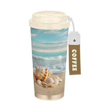 Imagem de YETTASBIN Caneca de café Starfish Baech com isolamento térmico de 482 g com tampa canudo, copo à prova de derramamento e vazamento com alça para bebida quente e fria, garrafa de água de aço inoxidável