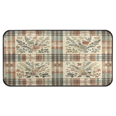 Imagem de Burbuja Tapete de cozinha floral xadrez vintage 51 x 99 cm, tapete lavável antiderrapante com suporte de borracha, tapete para cozinha, sala de estar, banheiro, decoração de casa