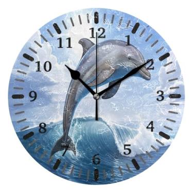 Imagem de CEBUGI Relógio de parede golfinho operado a bateria relógios redondos silenciosos sem tique-taque relógios de parede para cozinha, banheiro, quarto, escritório, decoração 25,4 cm