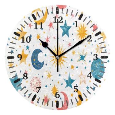 Imagem de CEBUGI 1 estrela lua 1 relógio de parede operado por bateria relógios redondos silenciosos relógios de parede sem tique-taque para cozinha, banheiro, quarto, escritório, decoração 25,4 cm