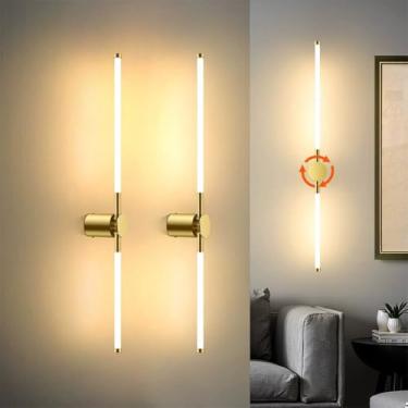 Imagem de Luminária de parede LED longa de 2 peças, giratória 360°, moderna, dimerizável, com 3 modos de cor, em acrílico dourado, para sala de estar, com iluminação giratória para cima e para baixo,