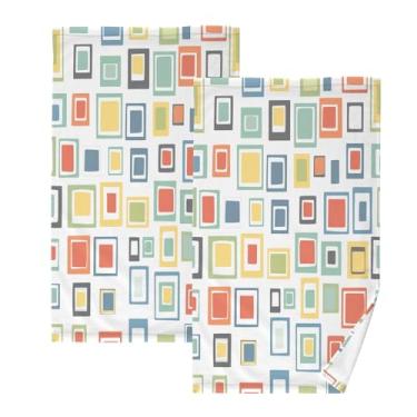 Imagem de CEBUGI Conjunto de 2 toalhas de banho - toalhas de algodão macio para lavar o rosto - toalhas de banho de mão para cuidados com a pele do banheiro | 41 x 71 cm | Quadrados coloridos