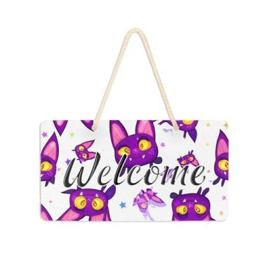 Imagem de Burbuja Placa de boas-vindas de morcegos de desenho animado para porta da frente, placa de boas-vindas de PVC para decoração de férias, 15 x 28 cm