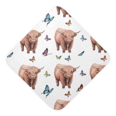 Imagem de Burbuja Toalha de banho de bebê Highland Cows Butterflies - Toalha de banho macia e absorvente de algodão musselina com capuz para recém-nascidos, 89 x 89 cm
