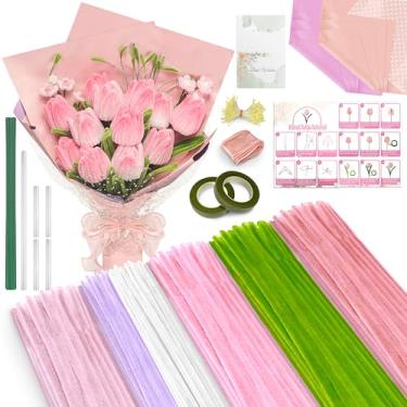 Imagem de LINAYE 500 peças de limpeza de cachimbo artesanal, 6 cores limpadores de cachimbos, kit de flores, hastes de chenille para artesanato com papel de embrulho de instruções, estames de flores, hastes de