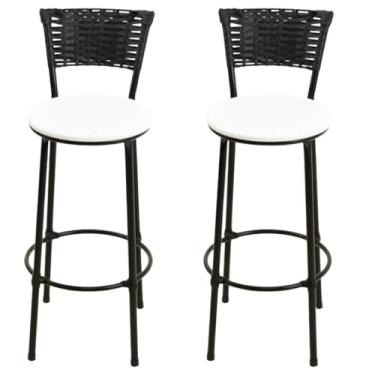 Imagem de Jogo De 2 Banquetas Alta De Fibra Sintética PRETO Casa Bar Balcão Junco Vime(BRANCO)